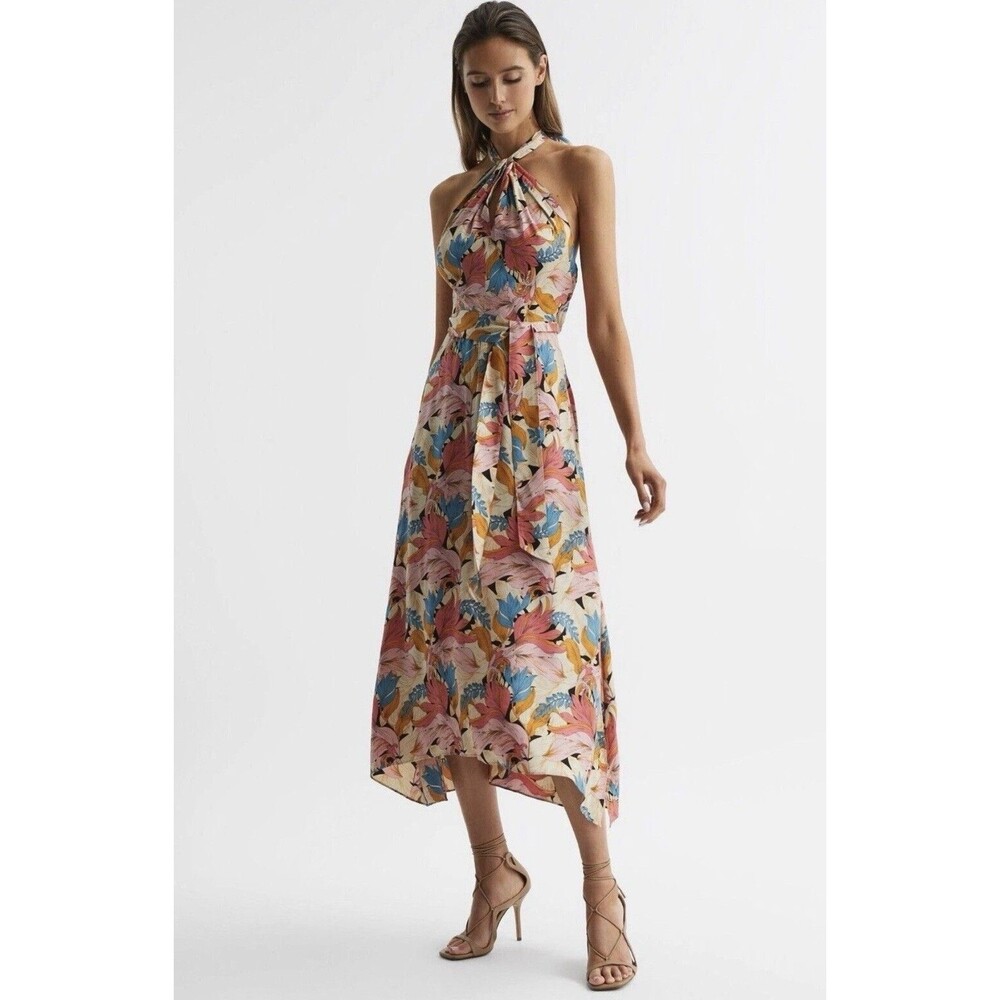 REISS ELECTRA FLORAL PRINTED HALTER NECK MIDI DRESS in PINK/NEUTRAL US 6 Party